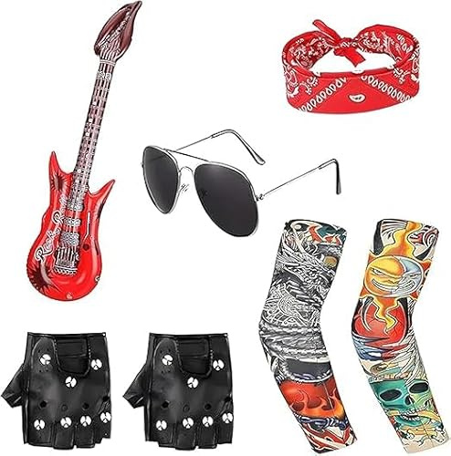 7PCS Rock Star Costume Set - Inflatable Guitar,Gloves, Glasses & More for Music Party & Costume Events