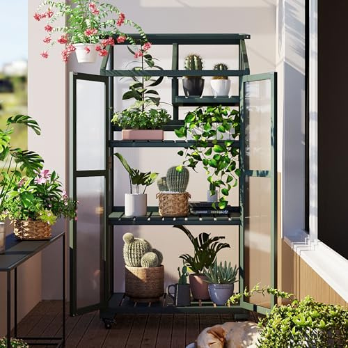 Small Greenhouse 62 H Cold Frame Portable Greenhouse with Lockable Wheels Openable Roof and Adjustable Shelves 3-Tier Wooden Greenhouse Cabinet for Indoor Outdoor Patio Balcony Garden, Forest Green