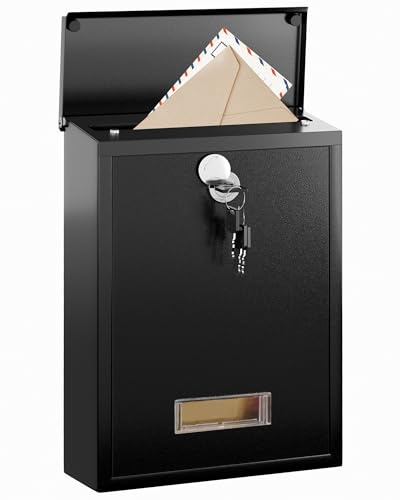 LAND·VOI Locking Wall-Mount Mailbox for Outside, with 4 Keys, Galvanized Steel Rustproof Metal Postbox, 3.1 Dx7.5 Wx10.8 H, Includes 3 Sets of Mailbox Numbers, Nameplate, Black, AMB32B