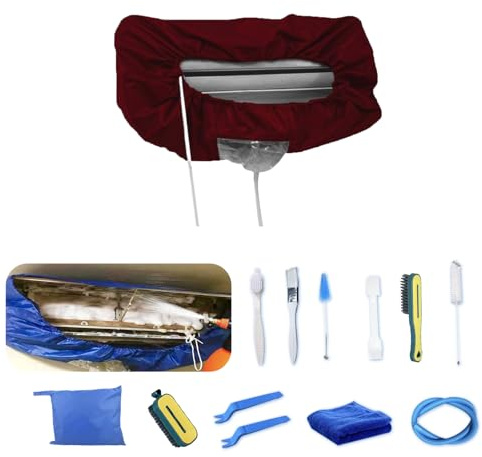 Kikepilm Kit de limpieza profunda de aire acondicionado, bolsa de limpieza de aire acondicionado con manguera de agua (13 piezas, pequeño, rojo)