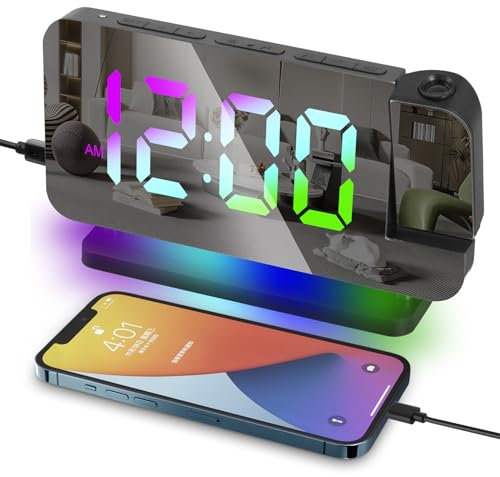 Mapille Projektionswecker, Digitaler Wecker mit 180° Drehbarem Projektor, RGB Nachtlicht, USB C Ladeanschluss, Dimmbar, Schlummerfunktion, LED Digitale Spiegeluhren, Wecker für Schlafzimmer (Schwarz)