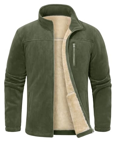 Voqeen fleecejacka för män varm utomhus fleece jackor med dragkedja tjock arbetsjacka för män med fickor vinterrock stående krage, Mörkgrön, M