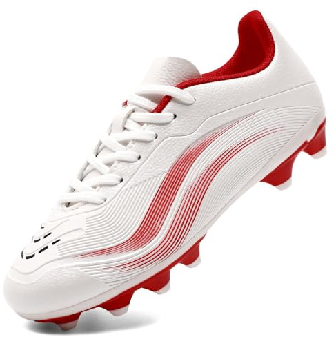 GOGOUP Boys Football Boots Kids Girls Firm Ground Cleats Soccer Shoes Athletics Training Sport Shoes Teenager Profession Competition Futsal Shoes Indoor Outdoor Sneakers White Red UK6
