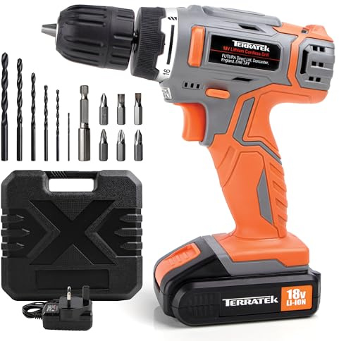 Terratek Cordless Drill Driver, 1HR Fast Charge 18V Lithium-Ion, 13Pc Electric Screwdriver Set, LED Work Light, Electric Drill Quick Change Power Battery with Charger & Carry Case Included