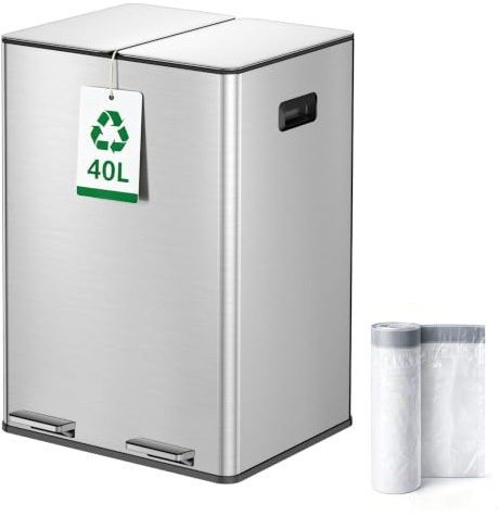 YEAUPE PRO Pattumiera Cucina 40L 2x20L, Raccolta Differenziata a 2 Scomparti, Bidone Spazzatura in Acciaio Inox con Pedale, Coperchi Soft Close, Secchi Rimovibili, Anti Odore, 15 Sacchetti Inclusi