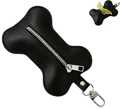 MNYXIS Dispensador de Bolsas Caca Perro de Cuero PU, Porta Bolsas caca perro en Forma de Hueso con Enganche para Correa, Accesorio de Paseo para Mascotas, Elegante y Resistente, Negro, 14x8.5cm