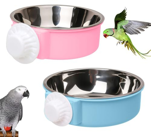 Lot de 2 bols d'alimentation pour oiseaux en acier inoxydable - Amovibles - Pour cage à oiseaux, petits animaux - Pour chat, chiots, furets, rats et hamsters (bleu, rose)
