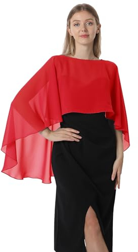 Hotshawl Capelets for women Chiffon Cape Shawls and Wraps for Evening Dress Wedding Capes Cover Up, Red, One Size