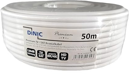 DINIC Koaxial Premium TV/SAT Verlegekabel, Antennenkabel 50m Rolle, 8K, 4K UHD, 3D, 1080p FULL HD und HDTV tauglich - Perfekt für SAT, DVB-T und CCTV Installationen
