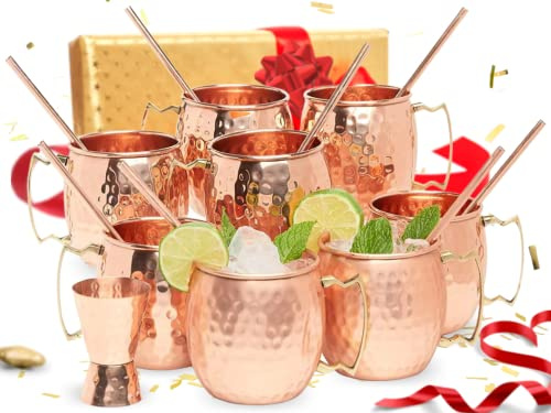 Kitchen Science Moscow Mule tazas de cobre 16 onzas con 8 pajitas y juego de jigger