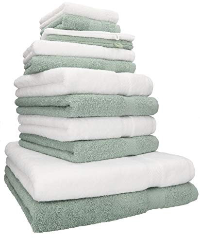 Betz 12-TLG. Handtuch Set Premium 100% Baumwolle 2 Duschtücher 4 Handtücher 2 Gästetücher 2 Seiftücher 2 Waschhandschuhe Farbe weiß/heugrün