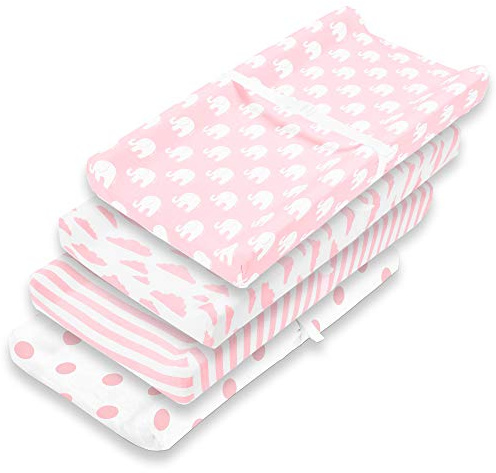 Premium Baby 4 Pack Girl Pure Jersey Machine Washable Pink and White Changing Table Cover – Diaper Changing Pad Cover Sheets