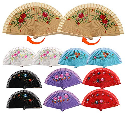 H.U.S.L® PACK12/24 ABANICOS Madera 23CM Pintado UNA Cara, Detalles para LOS Invitados, Regalos DE Boda, Fiestas, COMUNIÓN O Bautizo, Abanico Artesanal Pintado A Mano (Doble_Cara_PACK12)