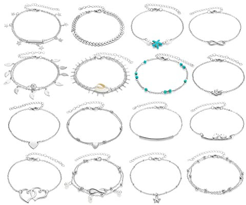 16 Stück Boho Fußkettchen Set Silber für Damen Kinder Mädchen Frauen Frau, Verstellbare Strand Barfuß Knöchel Ketten Fußkette Fußband Fussketterl Armbänder Fuß Schmuck Geschenk für Urlaub Geburtstag