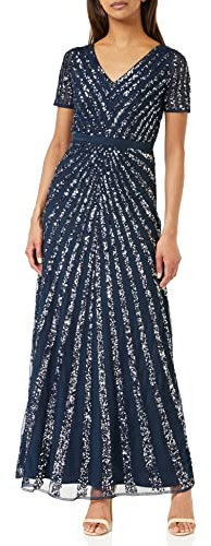 Maya Deluxe Damen Maxi Womens Ladies Embellished Sequin Dress Long Short Sleeve V Neck High Empire Waist A Cut Shiny Prom Wedding Brautjungfernkleid, Navy, EU 42