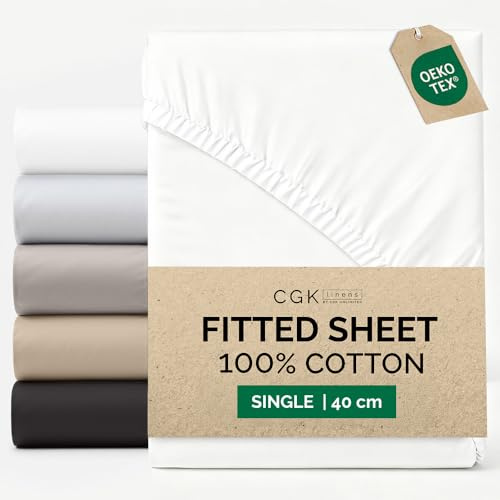 Single Fitted Sheet 90x190 cm - 100% Cotton Sateen 400 Thread Count - Extra Deep Fitted Sheet for Mattresses up to 40 cm (16) - Soft, Breathable, Wrinkle Free - OEKO-TEX Certified - White
