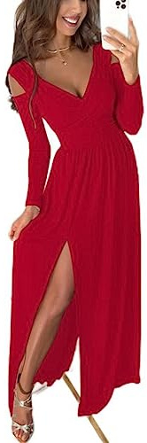 CHOUBAGUAI Femmes Épaule Froide Manches Longues Fendue Robe Longue Soirée Sexy Col V Profond Taille Haute Robe A-Ligne-Rouge,L