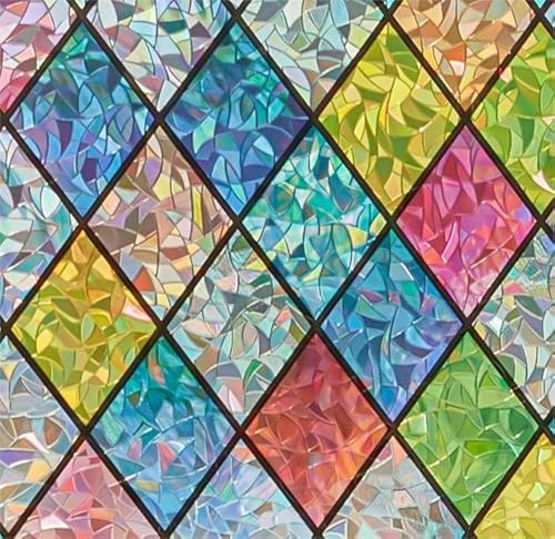 Sunbaby Window Privacy Film Stained Glass, Static Cling Decorative Rainbow Window Cling, Lattice Coverings Decals for Home Door, Non-Adhesive Window Stickers Anti-UV & Heat Control (17.5x78.7)