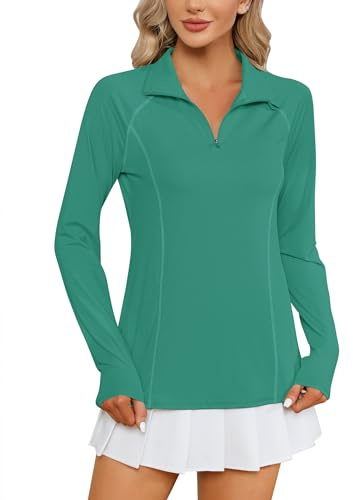 LOMON Women Long Sleeve Shirts Sun Protection 1/4 Zip Summer Quick Dry Hiking Shirts Quarter Zip Pullover Forest Green M