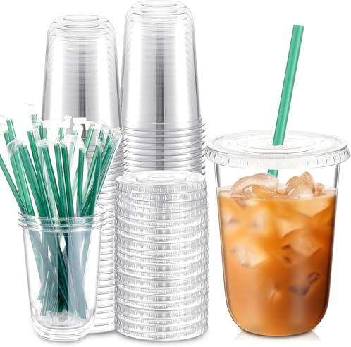 Baderke 25 Set Plastic Cups with Lids and Straws, Disposable Plastic Iced Coffee Cup for Cold Beverage Juice Smoothie Crystal for Coffee Shops Party Catering(Clear,16 oz)