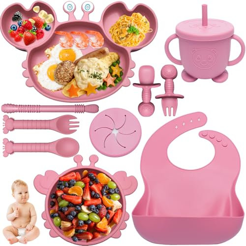 Kinyoda Coffret Repas Bebe, 10 Pièces Assiette bebe Set Vaisselle Antiderapant Silicone avec Ventouse Assiette Bol Fourche Cuillère Bavoir, Enfant Set Couverts Vaisselle Pour Sevrage Manger, Rose