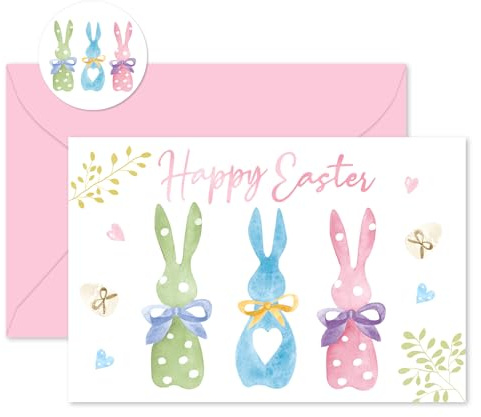 Whaline 24 Packs Happy Easter Greeting Cards Pink Bow Bunny Rabbit Blank Note Cards with Envelopes and Stickers for Spring Birthday Baby Shower, 4 x 6 Inch