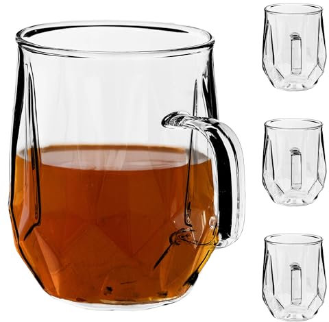 KADAX Vasos de Vidrio Transparente de 320 ml para Bebidas Calientes o Frías, Tazas de Cristal con Asa para Café con Leche, Té y Infusiones (Juego de 4)