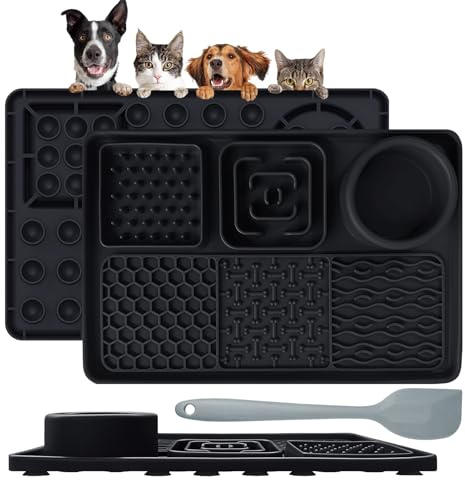 Cooltto 1 Stück Schleckmatte Hund Katze Silikon Leckmatte Hund mit Spachtel Futtermatten mit Saugnapf Slow Feeder Matte Haustier für Hunde Baden Trainieren Fellpflege Klauenpflege (schwarz)
