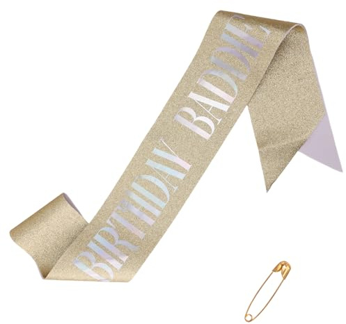 Birthday Baddie Sash, Glitter Happy Birthday Sash for Women & Men Foil Lettering Funny Party Accessories Decoration for Adults Kids Girls Boys and Friends (Gold)