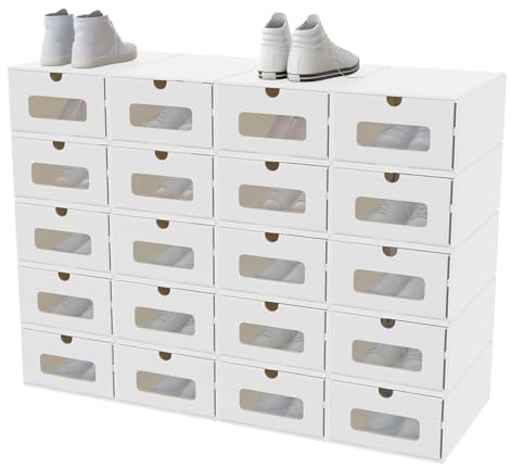 AufuN 20 scatole impilabili per scarpe in carta kraft con coperchio e finestra trasparente, pratico contenitore per scarpe, 35 x 24 x 14 cm, colore: bianco