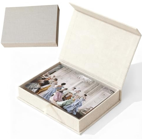 VEGOATY Caja de almacenamiento para fotos de 17 x 12 cm, de lino, para álbumes de fotos, pequeños, con tapa, organizador de fotos, color beige