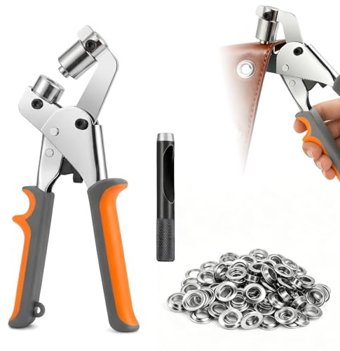 Remachadora de Ojales, Alicates Profesionales para Ojales, Remachadora Ojale con 200 Ojetes Metalicos(Ø Interior 10mm), Maquina Ojale para Lonas Velas Solares Cartón Cuero y PVC