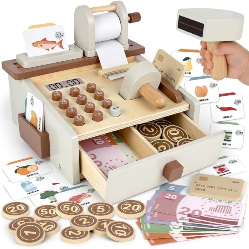 Airlab leksakskassa i trä för barn i åldern 3, 4 och 5 år, flickor och pojkar, kassaapparat med skanner, fantasifullt rollspelset för låtsas-shopping, pedagogisk Montessori-födelsedagspresent