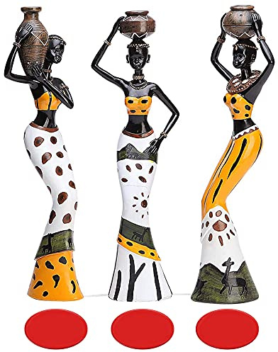 Rayberro 3 Pack African Women Sculpture, 7.5 Exotic Tribal Lady Figurine, Black Statue Home Office Decor, Vintage Collectible Art Crafts Desktop Ornaments Decorations Gift (Yellow)