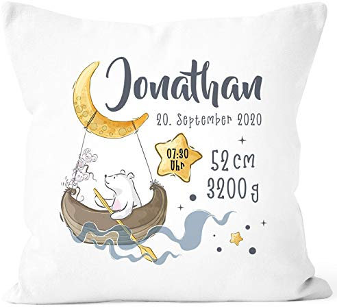SpecialMe® personalisierbarer Kissen-Bezug zur Geburt Bär Mond und Sterne Geburtskissen, Namenskissen weiß 40cm x 40cm