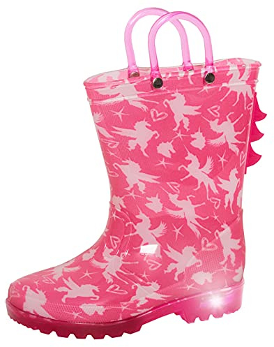 ScruffyTed Wellingtons - Stivali da pioggia per bambini, con manici e luci lampeggianti, colore: rosa, rosa, 28 EU