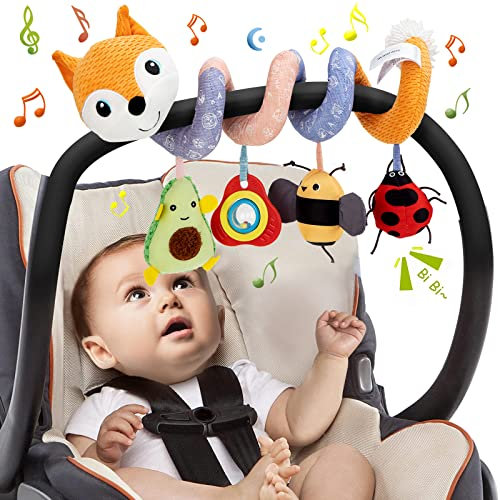 Funsland Kinderwagen Spielzeug, Baby Activity Spirale Spielzeug mit Musik, Hängendes Spiral Plüsch Spielzeug für Kinderbett/Autositz/Babyschale, Neugeborene Geschenk für Baby 0 3 6 12 Monate, Orange