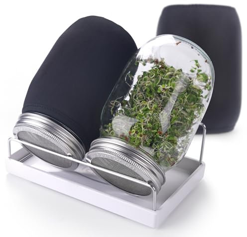 Komplettes Sprossenglas-Set - 2 Einmachgläser mit breiter Öffnung und hochwertigem 316 Edelstahl-Siebdeckel, Verdunkelungshülsen, Tablett, Ständer – Samenkeim-Set für den Anbau von Brokkoli, Luzerne,