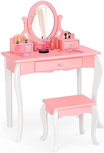 DREAMADE Coiffeuse pour Enfants 2 en 1 avec Miroir Rotatif 360° et Détachable, Table de Maquillage en Bois avec Tabouret, 3 Tiroirs, Style Princesse pour Filles (Goutte-Rose)