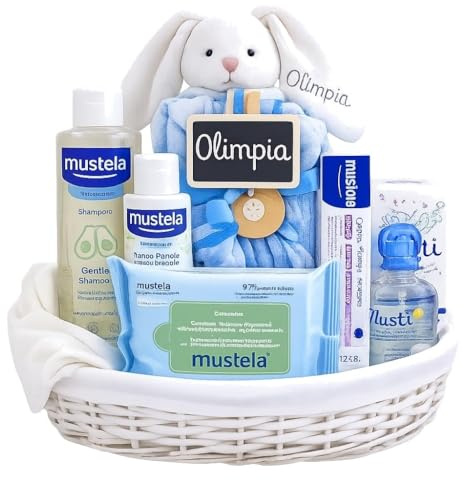 Canastilla Bebé Musti Estrellas - Set de Regalo de Nacimiento Personalizado con cesta de Mimbre