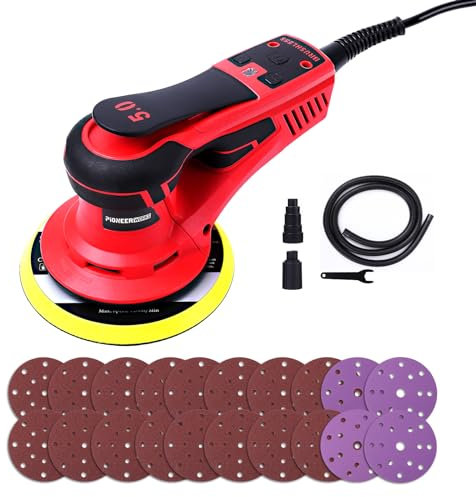 PioneerWorks Random Orbital Sander, Multi-Function Electric Orbital Sander 350W, 5-Speed & Low Vibration,5.0mm, 10000 RPM, 6-Inch for Woodworking, Polishing, Sanding,Carpentry, with 12 Sanding Discs