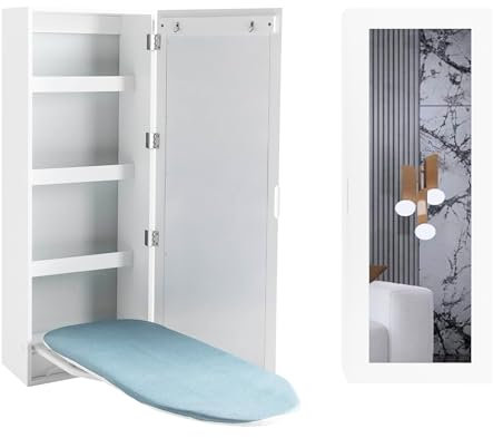 Organizedlife Tabla de Planchar Plegable Pared con Espejo, Mueble Plancha con Tabla de Planchar Plegable, Mesa de Planchar Plegable 180° Giratoria, Funda de Sustituible, Ahorro de Espacio, 95x36x21cm