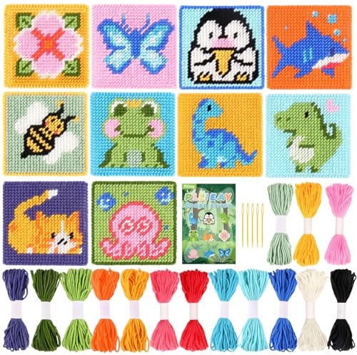 Pllieay Set da Ricamo per Principianti 10-in-1 per Bambini, Kit di Ricamo include 10 pezzi di Tela in Plastica con Motivo, 15 Fili, 5 Aghi da Tessitura, Kit di Cucito per Principianti con Istruzioni