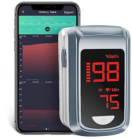 HOLFENRY Bluetooth Pulsoximeter Fingeroximeter mit APP, Sauerstoffsättigung Messgerät Finger, Blutsauerstoffmessgerät Finger für Herzfrequenz, Kostenlose APP(Gray)