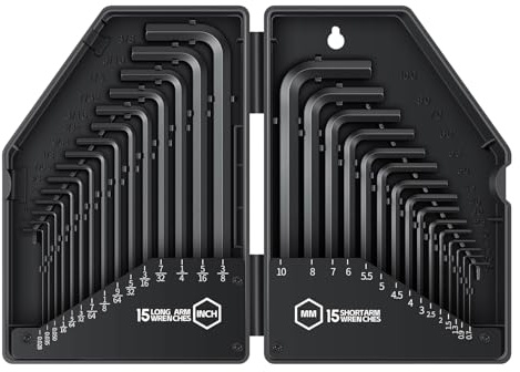 Reniteco 30 PCS Hex Head Key Allen Wrench Tool Set Organizer Kit Alloy Steel L Shape Black Metric (0.7-10 mm) SAE (0.028-3/8) Standard In Storage Case Long Short Arm
