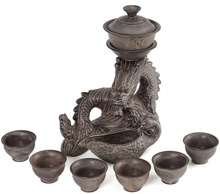 fanquare Juego de Té Semiautomático Taza de Té Tetera China Loong Kungfu Servicio de Té de Porcelana Gris para Hombres Adultos