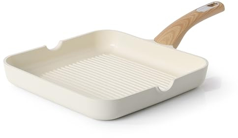 SENSARTE Nonstick Grill Pan for Stove Tops, Versatile Griddle with Pour Spouts, Square Big Cooking Surface, Durable Skillet Indoor & Outdoor Grilling. PFOA Free, 11 Inch, White