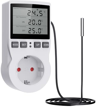 Sanicata Termostato Enchufe Digital, Temporizador Programador 250V con Sensor y Pantalla LCD, Ideal para Calefacción, Refrigeración, Protectores de Heladas, Invernaderos y Acuarios.