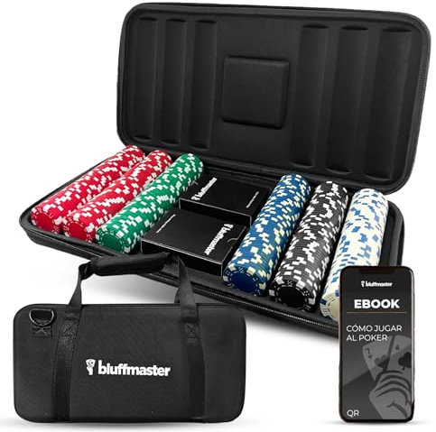 Bluffmaster Professioneller Poker-Koffer – Poker-Set mit 300 Chips à 11,5 g, wasserdichte Pokerkarten, inklusive Ebook mit Anleitung und Strategien, Tragegriff, ideal für Texas Hold'em ASIN