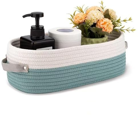 MAISON DE BUCKS Handmade Cotton Rope Storage Basket with Leather Handles - Nordic Style for Home, Toys Nursery Decor, Skin Care & Desktop Organizer, Small Basket for Storage, Bathroom, Nursery (Mint)